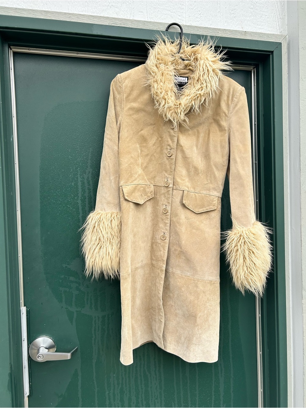 Vintage Y2K weak indie sleaze Beige Suede Coat with Faux Fur Trim